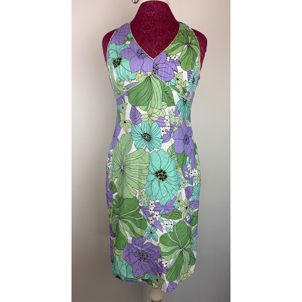 Ann Taylor LOFT Halter Dress 10P Green Purple Floral Retro Mod Cotton Sheath‎